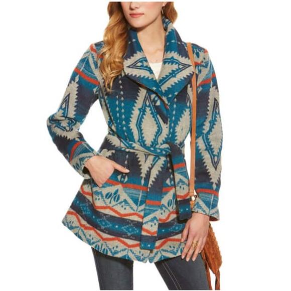 Womens Ariat Calico Coat Size Small Southwest Geometric Blue Brown Tie Waist - Picture 1 of 6